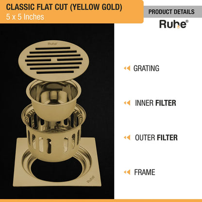 Classic Square Flat Cut Floor Drain in Yellow Gold PVD Coating (5 x 5 Inches) with grating, inner filter, outer filter, frame