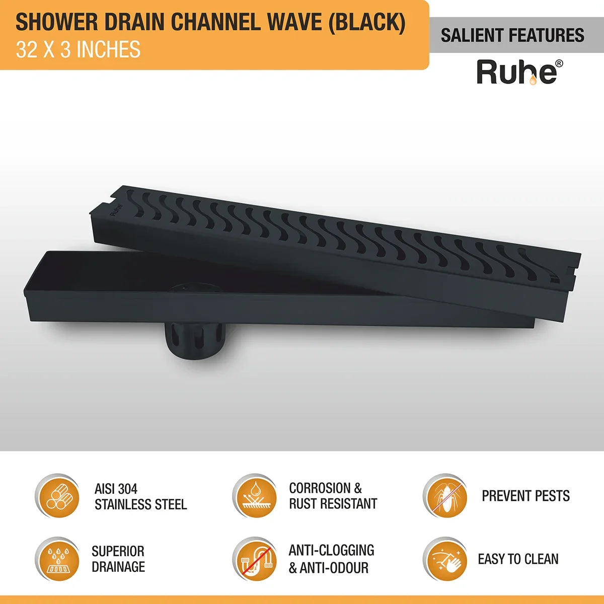 Wave Shower Drain Channel (32 x 3 Inches) Black PVD Coated features and benefits