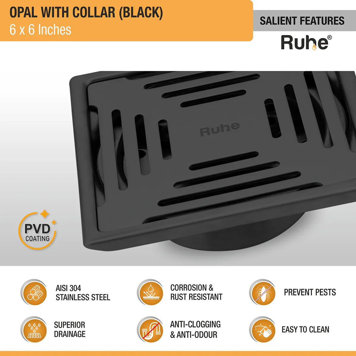 Opal Square 304-Grade Floor Drain in Black PVD Coating (6 x 6 Inches) features and benefits