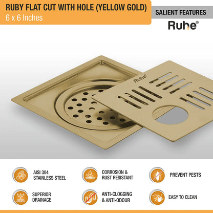 Ruby Square Flat Cut Floor Drain in Yellow Gold PVD Coating (6 x 6 Inches) with Hole features