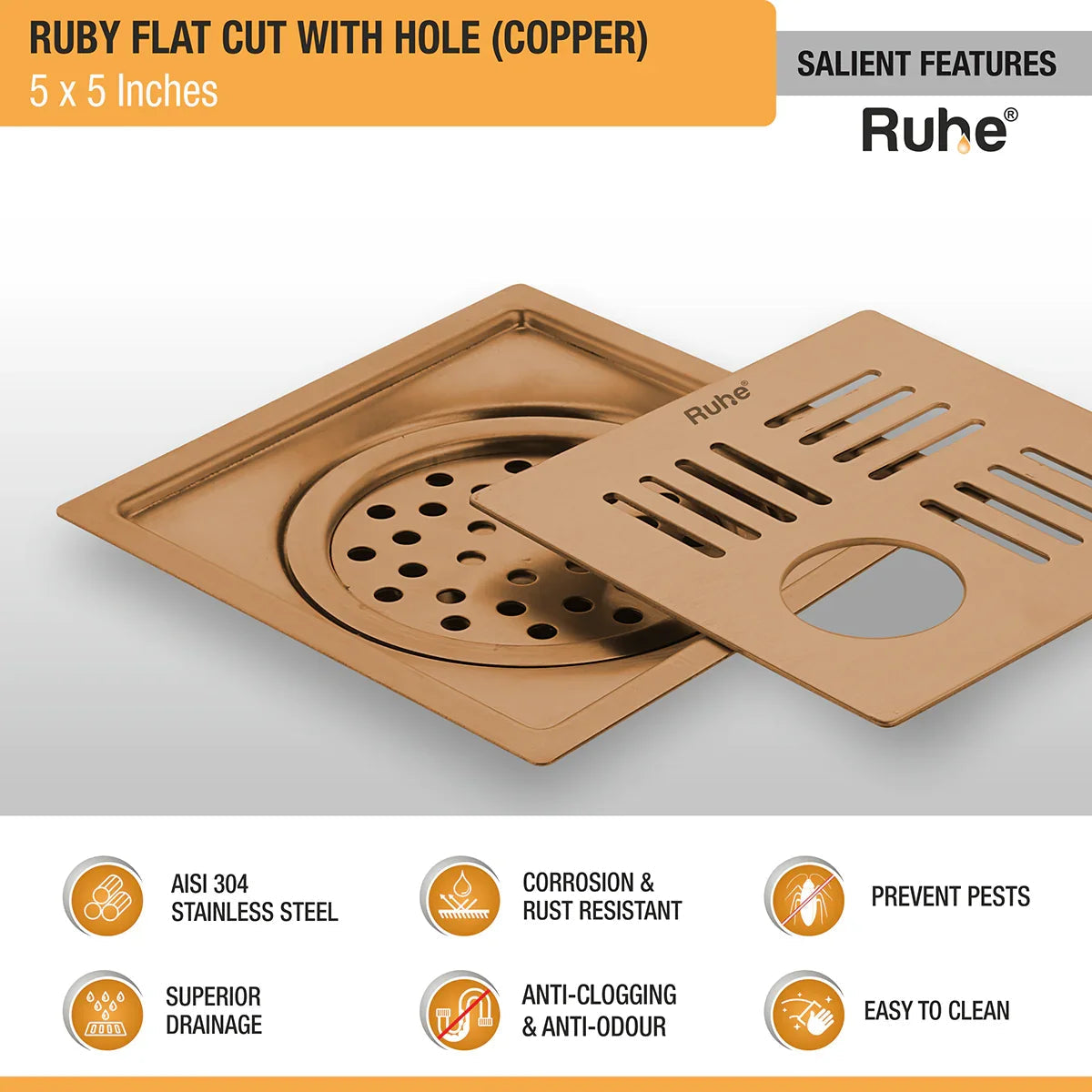 Ruby Square Flat Cut Floor Drain in Antique Copper PVD Coating (5 x 5 Inches) with Hole features