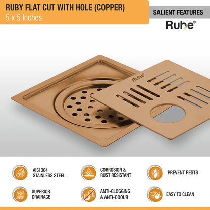 Ruby Square Flat Cut Floor Drain in Antique Copper PVD Coating (5 x 5 Inches) with Hole features