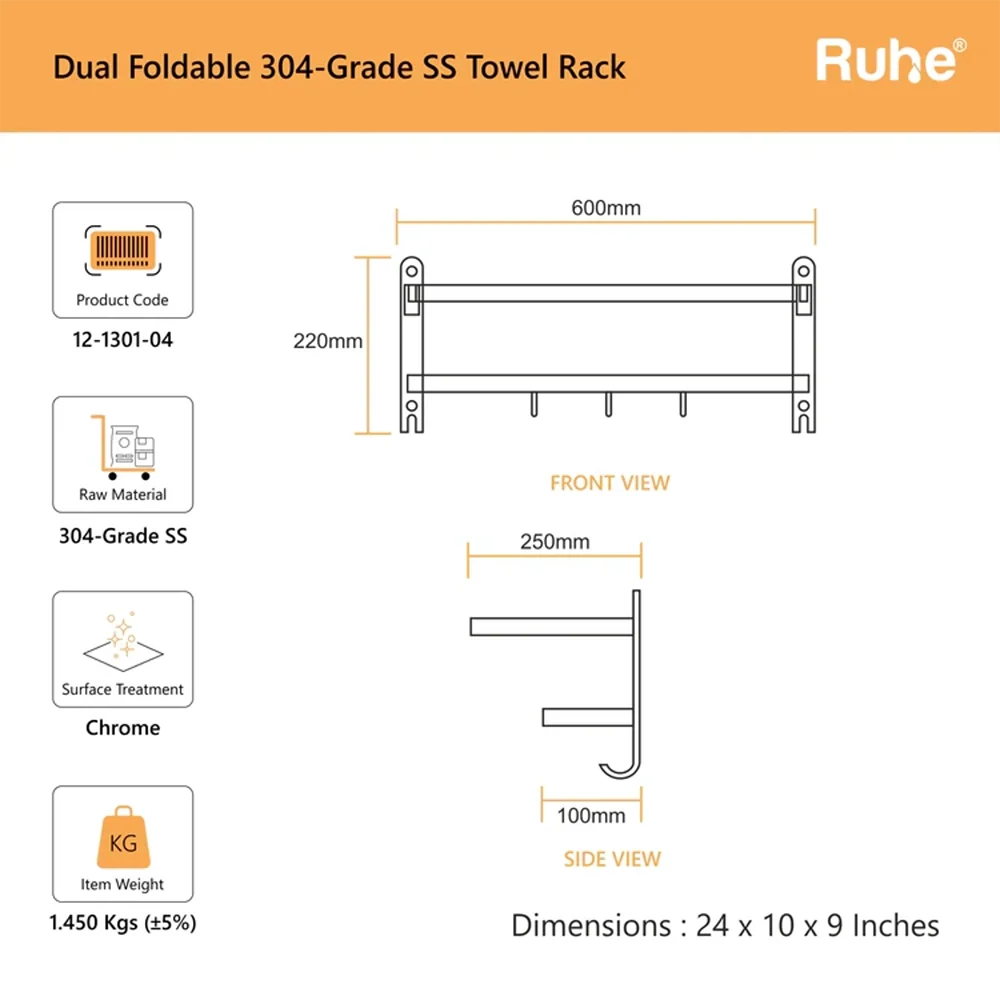 Dual Foldable 304-Grade Towel Rack (24 Inches)