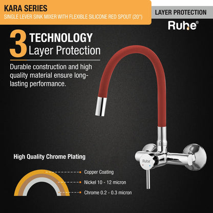 Kara Single Lever Wall-mount Kitchen Sink Mixer Tap with Red Silicone Spout - Meterial