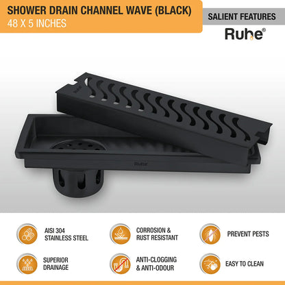 Wave Shower Drain Channel (48 x 5 Inches) Black PVD Coated features and benefits