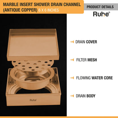 Marble Insert Shower Drain Channel (6 x 6 Inches) Antique Copper PVD Coated - by Ruhe