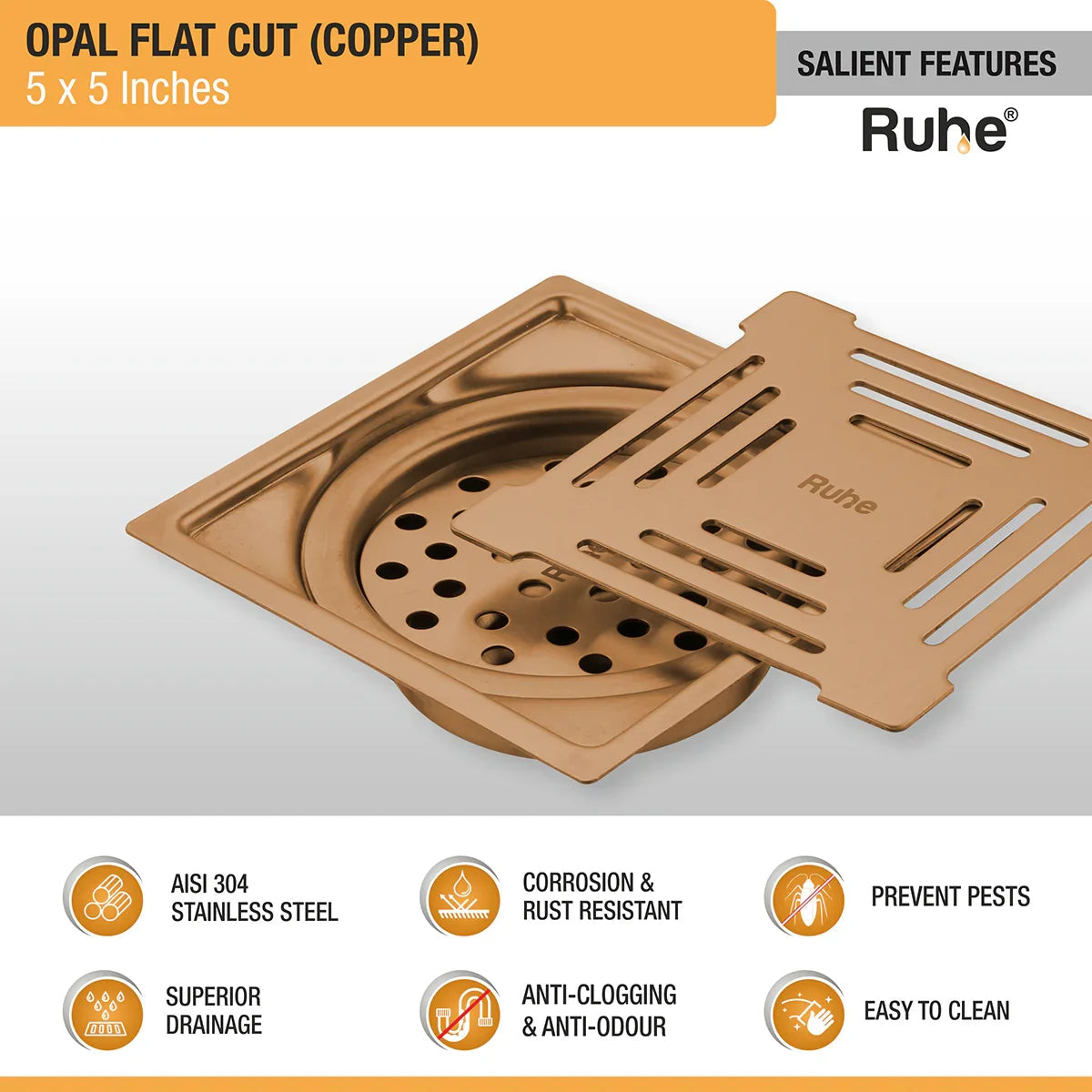 Opal Square Flat Cut Floor Drain in Antique Copper PVD Coating (5 x 5 Inches) features