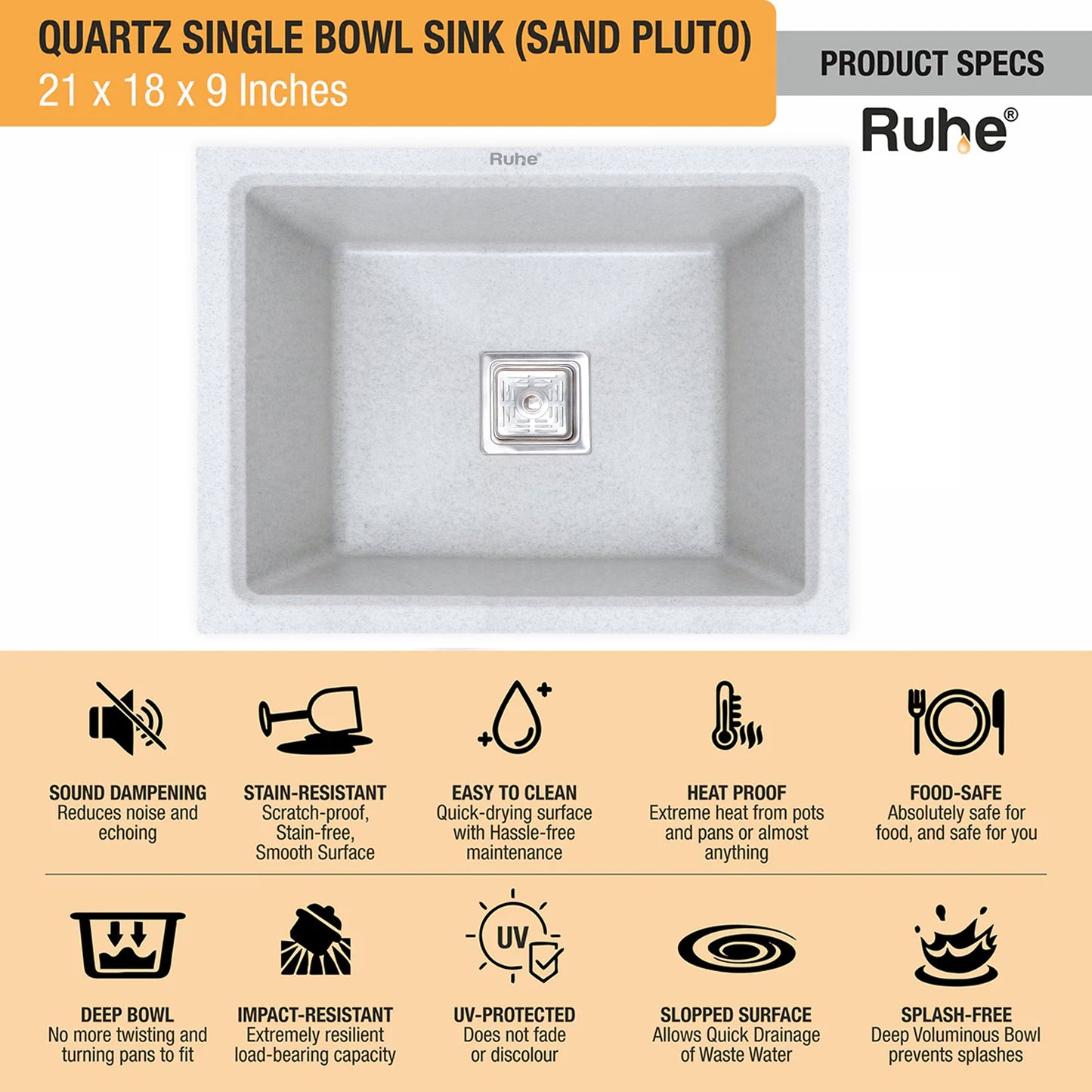 Quartz Single Bowl Kitchen Sink (21 x 18 x 9 Inches)
