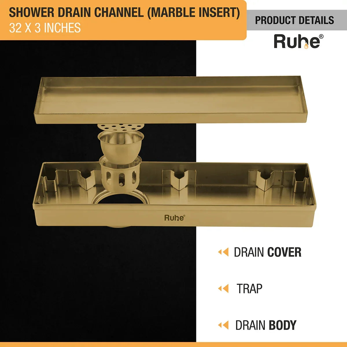 Marble-Insert Shower Drain Channel Yellow Gold (3 Inches)