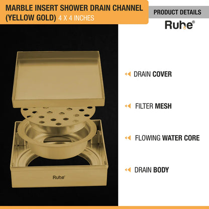 Marble-Insert Shower Drain Channel (4 x 4 Inches)