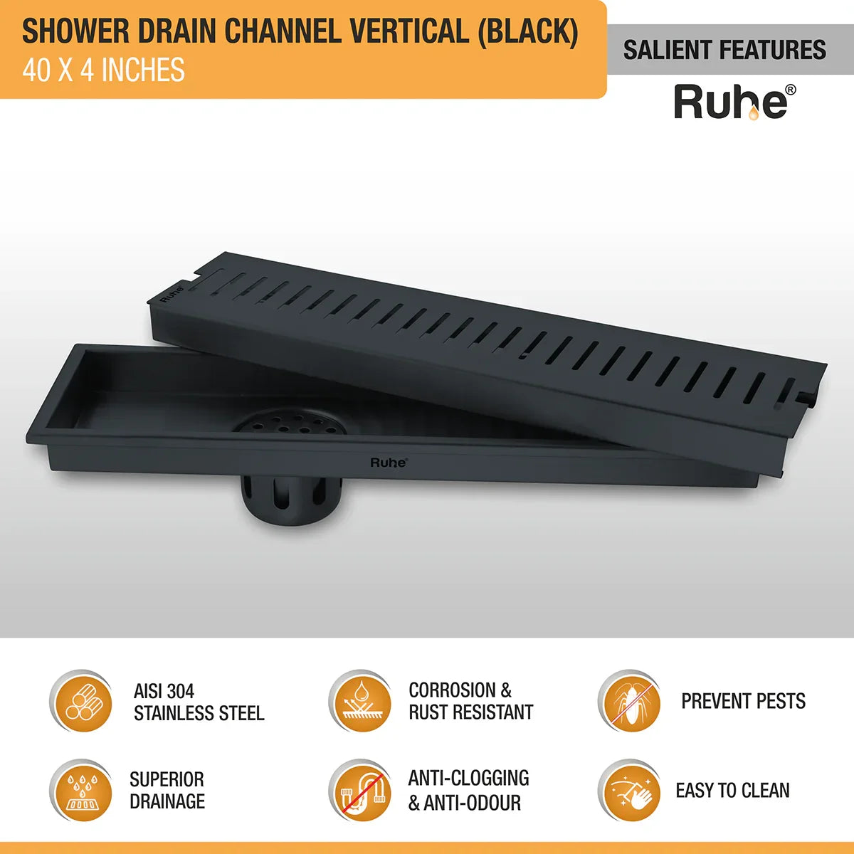 Vertical Shower Drain Channel (40 x 4 Inches) Black PVD Coated features and benefits