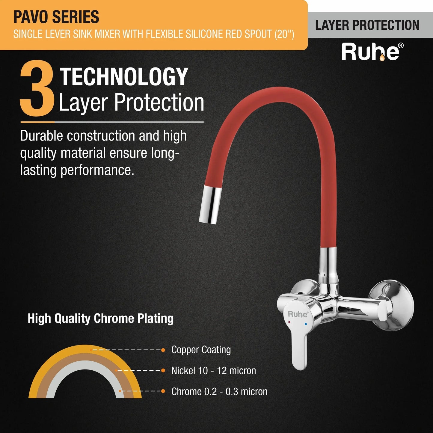 Pavo Single Lever Wall-mount Kitchen Sink Mixer Tap with Red Silicone Spout - by Ruhe