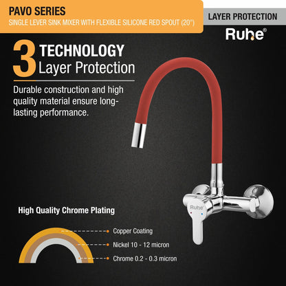 Pavo Single Lever Wall-mount Kitchen Sink Mixer Tap with Red Silicone Spout - by Ruhe