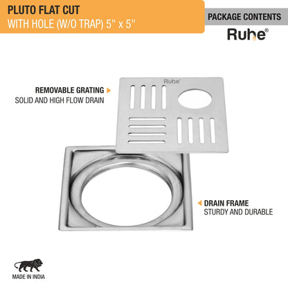 Pluto Square Premium Flat Cut Floor Drain (5 x 5 Inches) with Hole package content