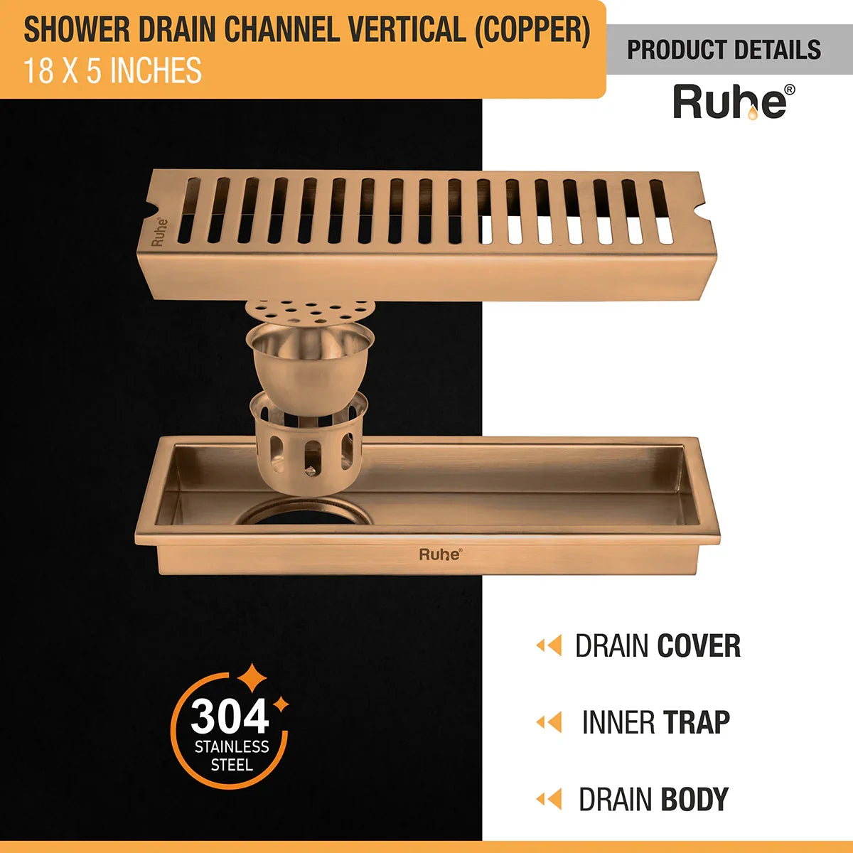 Vertical Shower Drain Channel (18 x 5 Inches) Antique Copper PVD Coated - by Ruhe