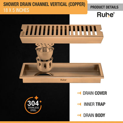 Vertical Shower Drain Channel (18 x 5 Inches) Antique Copper PVD Coated - by Ruhe