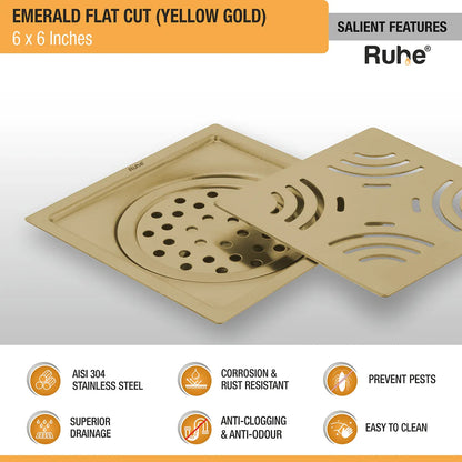 Emerald Square Flat Cut Floor Drain in Yellow Gold PVD Coating (6 x 6 Inches) features
