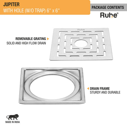 Jupiter Square Premium Floor Drain (6 x 6 Inches) with Hole - by Ruhe