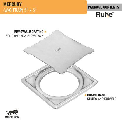 Mercury Square Premium Floor Drain (5 x 5 Inches) - by Ruhe