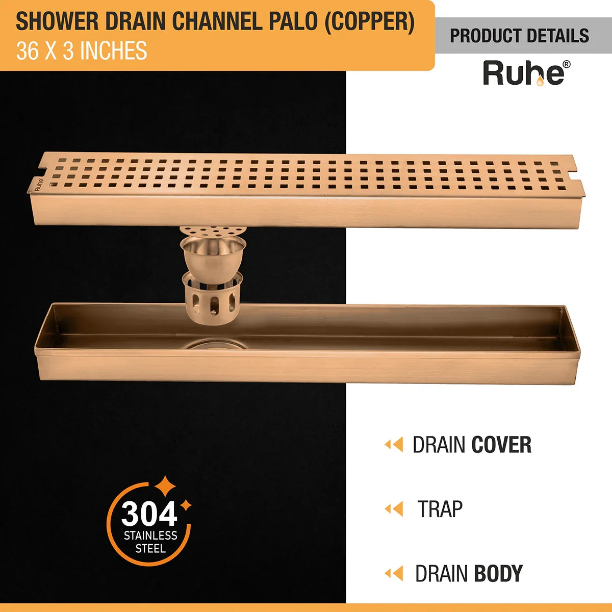Palo Shower Drain Channel (36 x 3 Inches) Antique Copper PVD Coated - by Ruhe