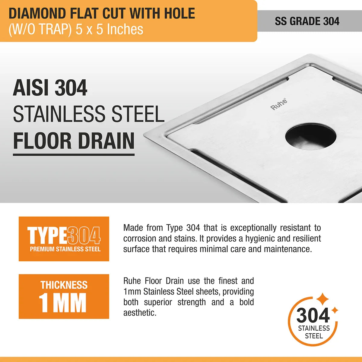 Diamond Square Flat Cut 304-Grade Floor Drain with Hole (5 x 5 Inches) stainless steel