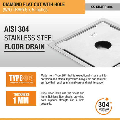 Diamond Square Flat Cut 304-Grade Floor Drain with Hole (5 x 5 Inches) stainless steel