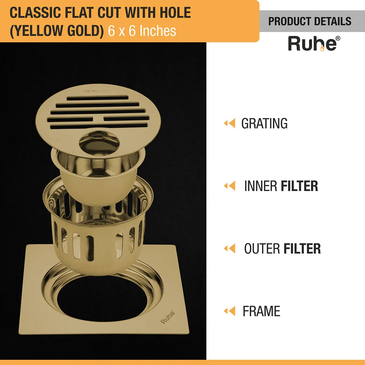 Classic Square Flat Cut Floor Drain in Yellow Gold PVD Coating (6 x 6 Inches) with Hole with grating, inner filter, outer filter, and frame
