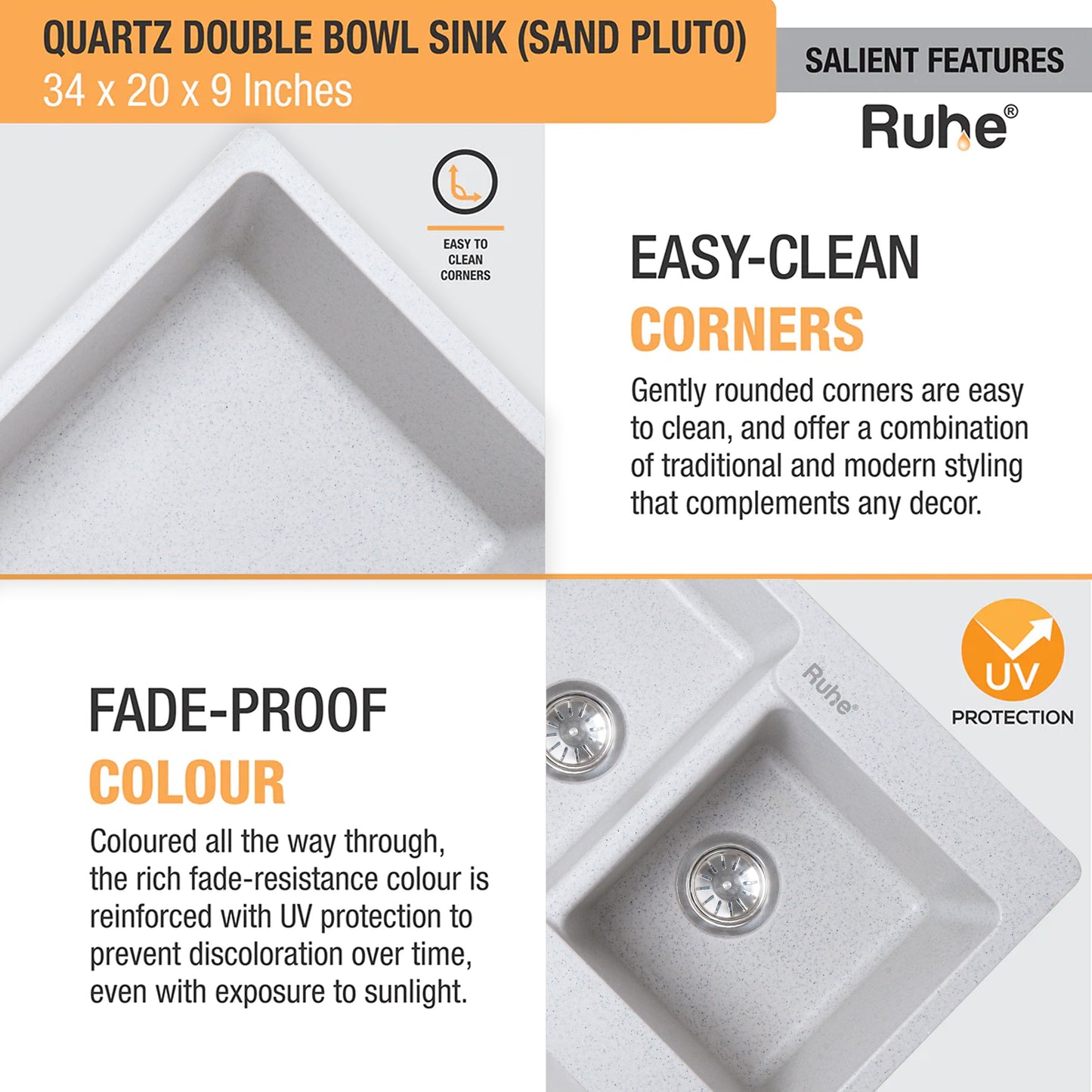 Quartz Double Bowl Kitchen Sink (34 x 20 x 9 inches)