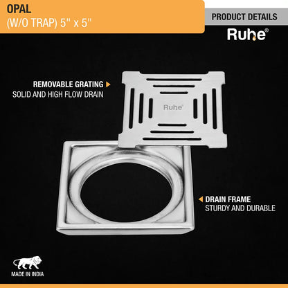 Opal Square 304-Grade Floor Drain (5 x 5 Inches) - by Ruhe