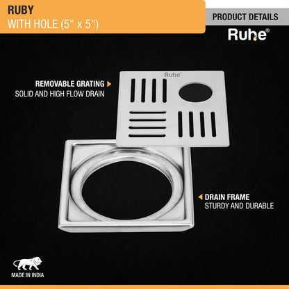 Ruby Square 304 Grade Floor Drain with Hole (5 x 5 Inches) - by Ruhe