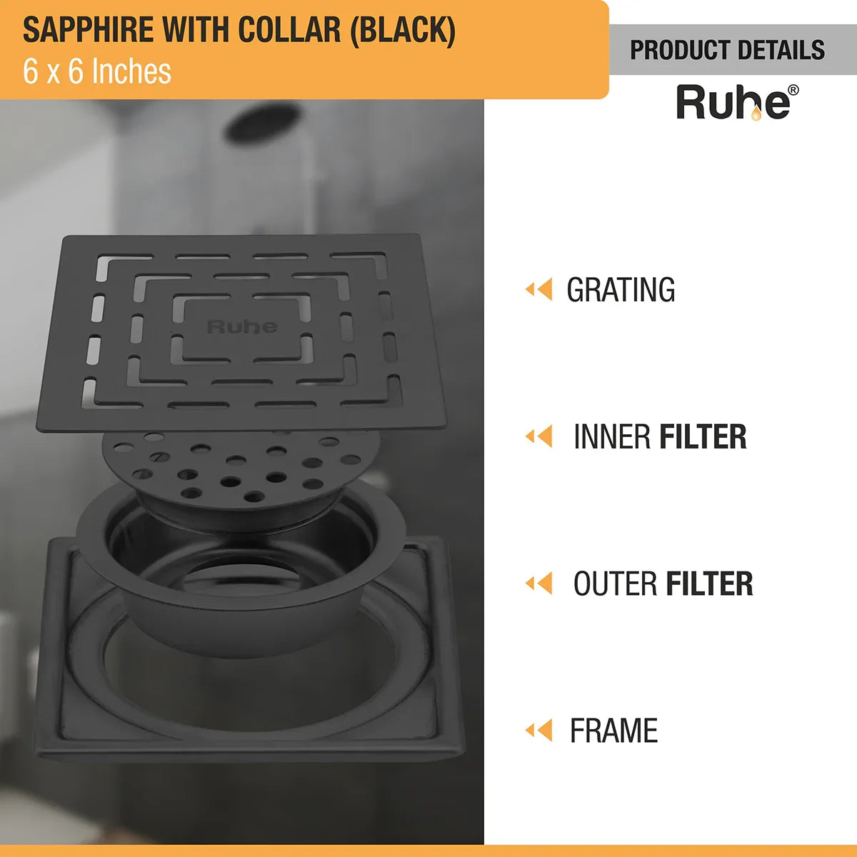 Sapphire Square 304-Grade Floor Drain in Black PVD Coating (6 x 6 Inches) with grating, inner filter, outer filter, frame