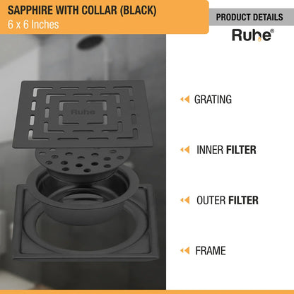 Sapphire Square 304-Grade Floor Drain in Black PVD Coating (6 x 6 Inches) with grating, inner filter, outer filter, frame