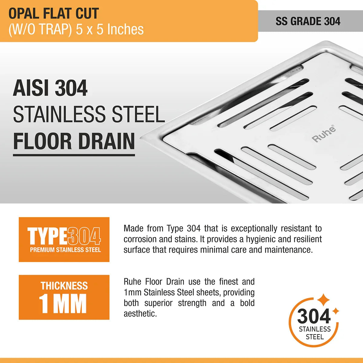 Opal Square Flat Cut 304-Grade Floor Drain (5 x 5 Inches) stainless steel