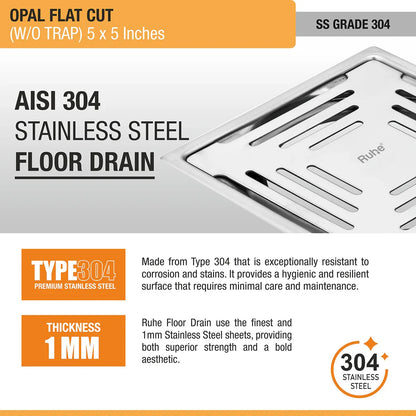 Opal Square Flat Cut 304-Grade Floor Drain (5 x 5 Inches) stainless steel