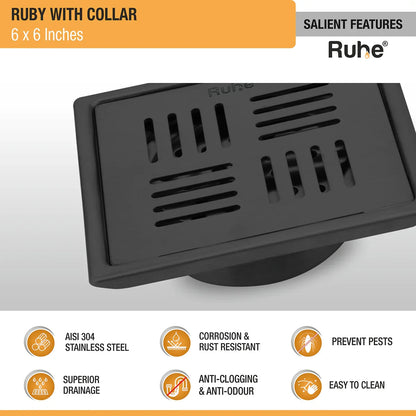 Ruby Square 304-Grade Floor Drain in Black PVD Coating (6 x 6 Inches) features and benefits