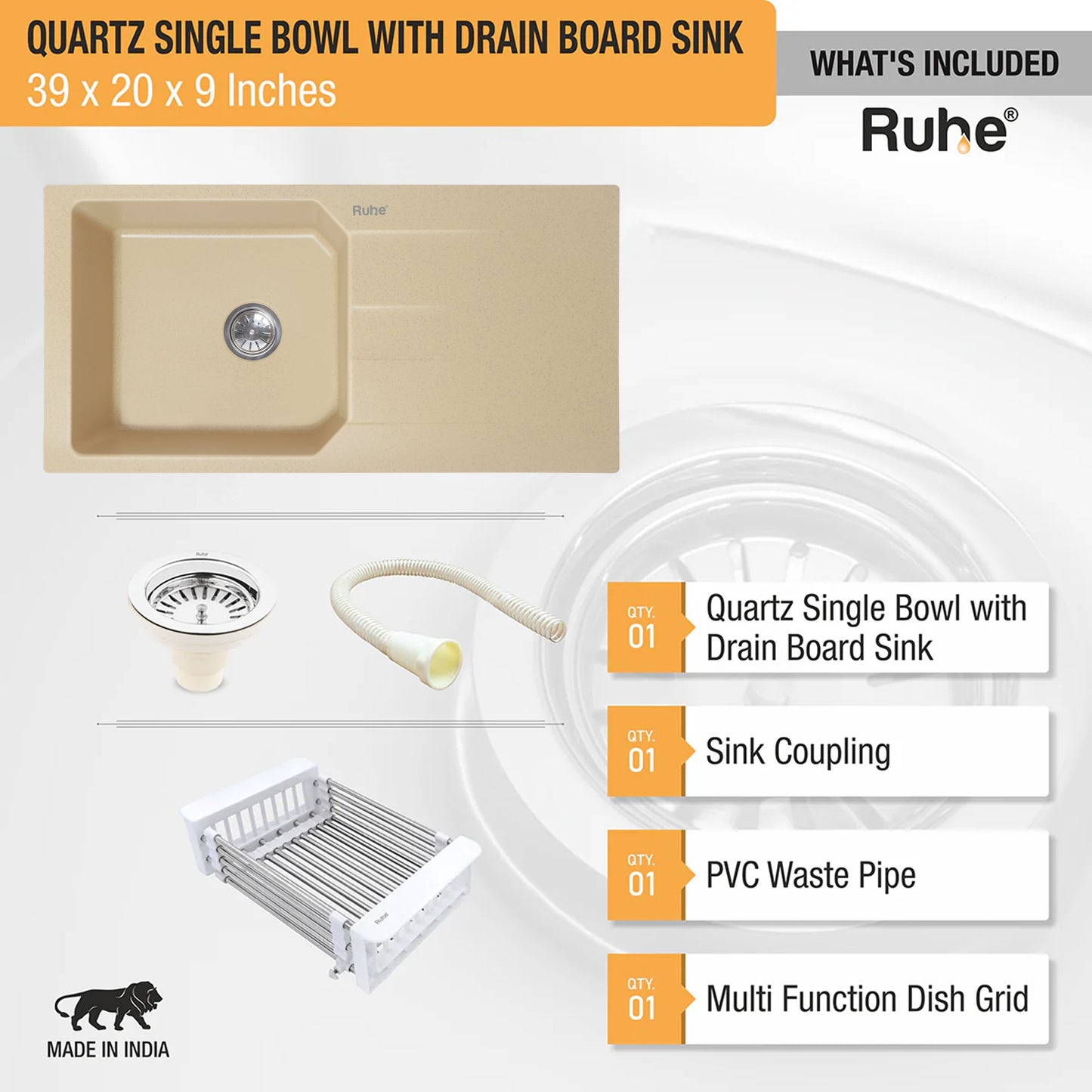 Quartz Single Bowl with Drainboard Kitchen Sink (39 x 20 x 9 Inches)