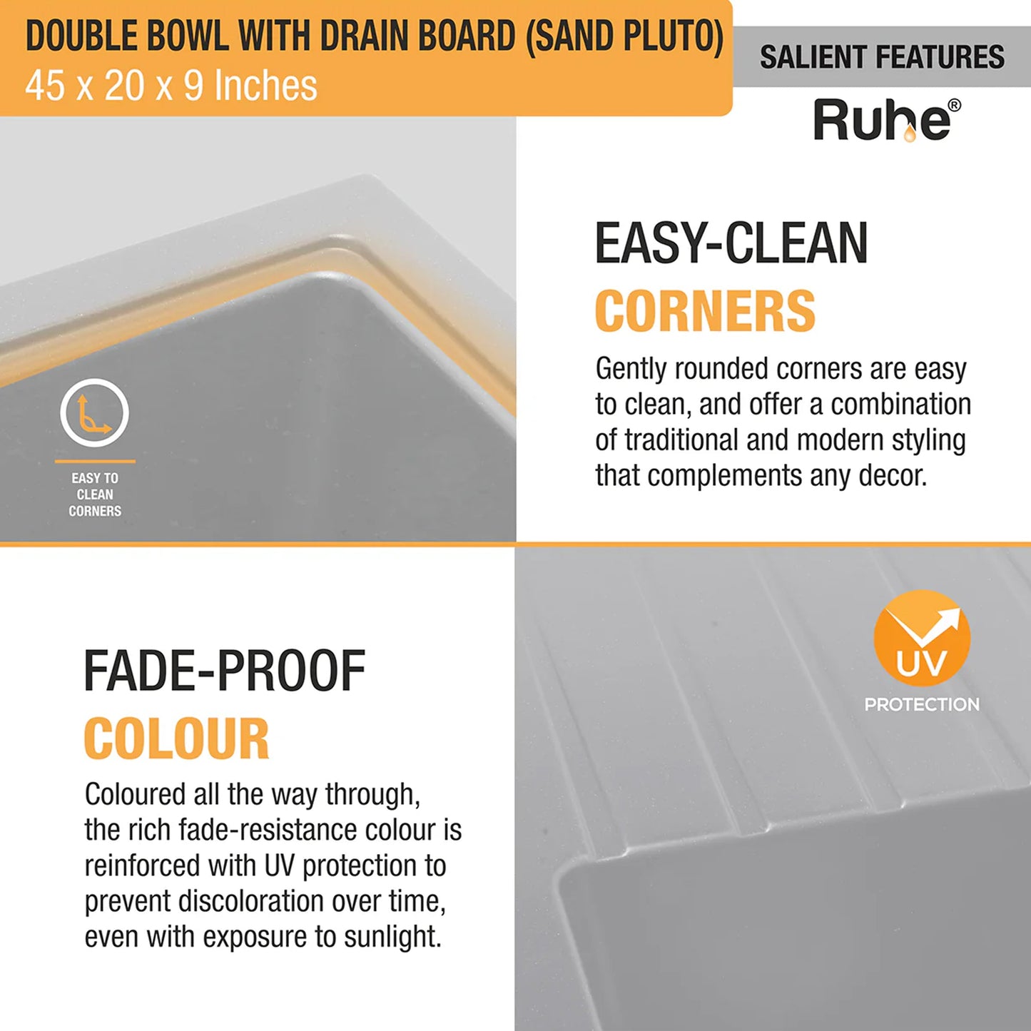 Quartz Double Bowl with Drainboard Kitchen Sink (45 x 20 x 9 inches)