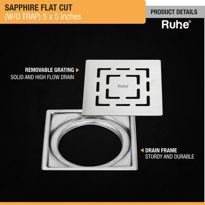 Sapphire Square Flat Cut 304-Grade Floor Drain (5 x 5 Inches) with removable grating and drain frame