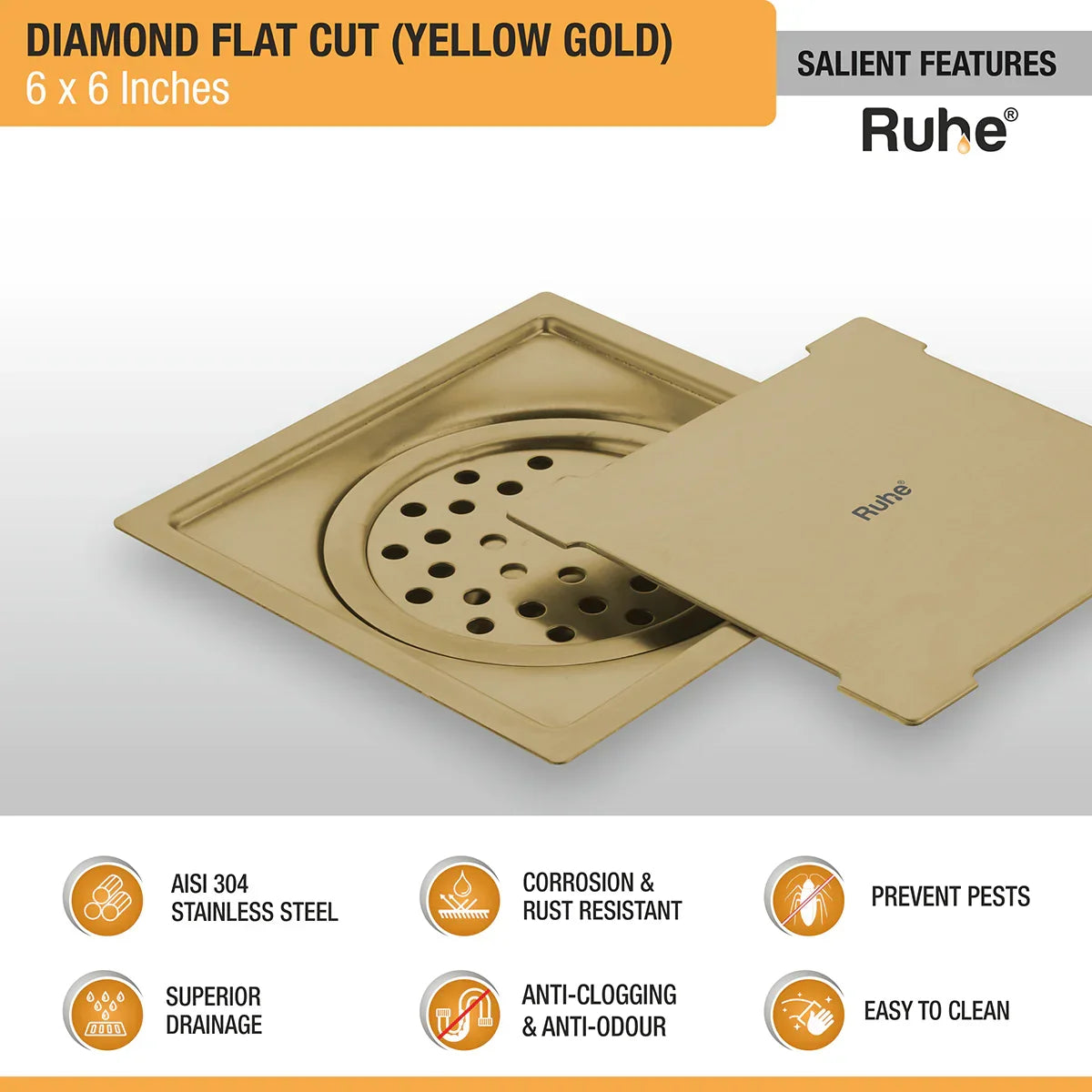 Diamond Square Flat Cut Floor Drain