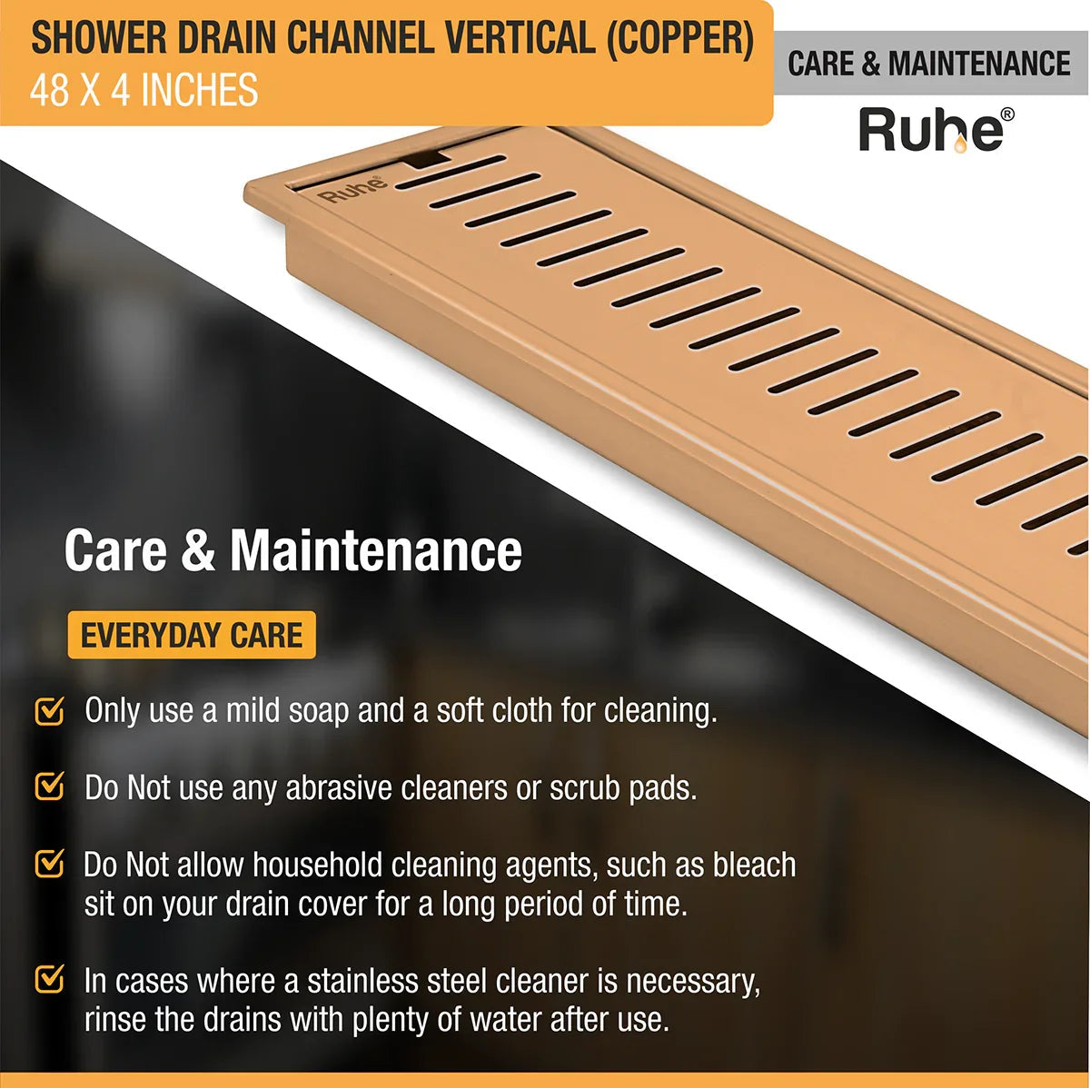 Vertical Shower Drain Channel (48 x 4 Inches) Antique Copper PVD Coated - by Ruhe