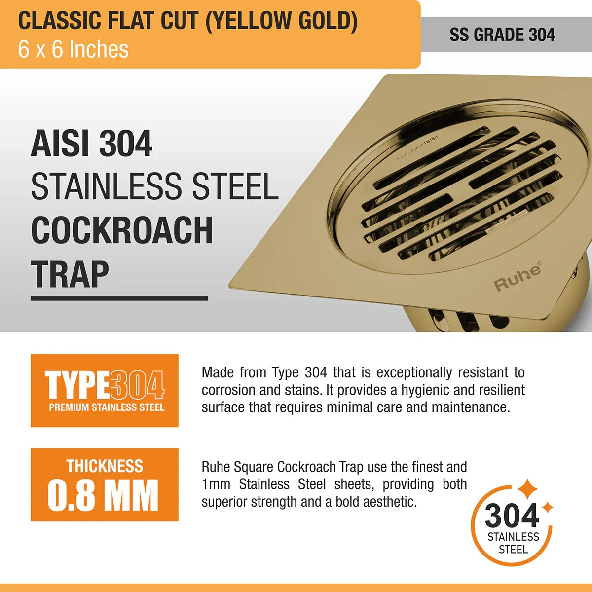 Classic Square Flat Cut Floor Drain in Yellow Gold PVD Coating (6 x 6 Inches) stainless steel 304 grade