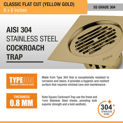 Classic Square Flat Cut Floor Drain in Yellow Gold PVD Coating (6 x 6 Inches) stainless steel 304 grade