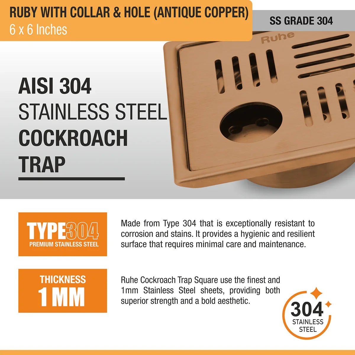 Ruby Square Flat Cut Floor Drain in Antique Copper PVD Coating (6 x 6 Inches) with Hole - by Ruhe