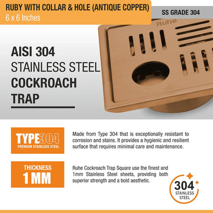 Ruby Square Flat Cut Floor Drain in Antique Copper PVD Coating (6 x 6 Inches) with Hole - by Ruhe