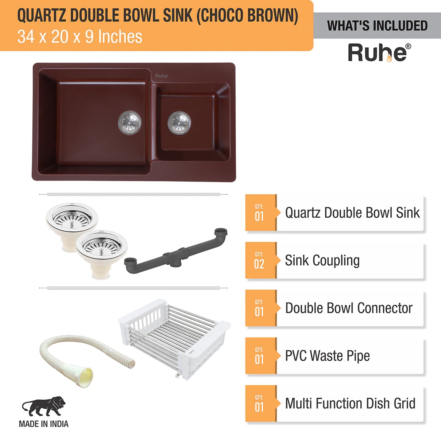 Quartz Double Bowl Kitchen Sink (34 x 20 x 9 inches)