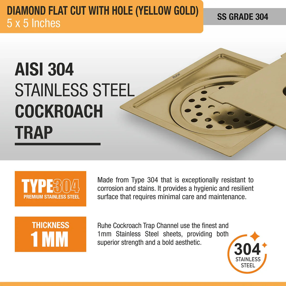 Diamond Square Flat Cut Floor Drain in Yellow Gold PVD Coating (5 x 5 Inches) with Hole stainless teel
