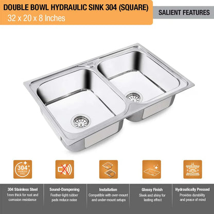 Double Bowl Kitchen Sink (32 x 20 x 8 Inches), (Salient Features)