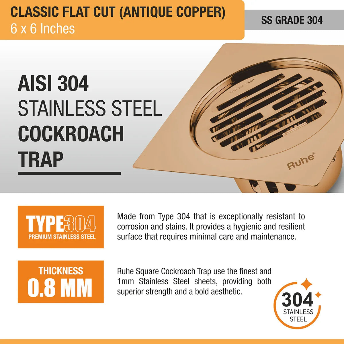 Classic Square Flat Cut Floor Drain in Antique Copper PVD Coating (6 x 6 Inches) 304 stainless steel