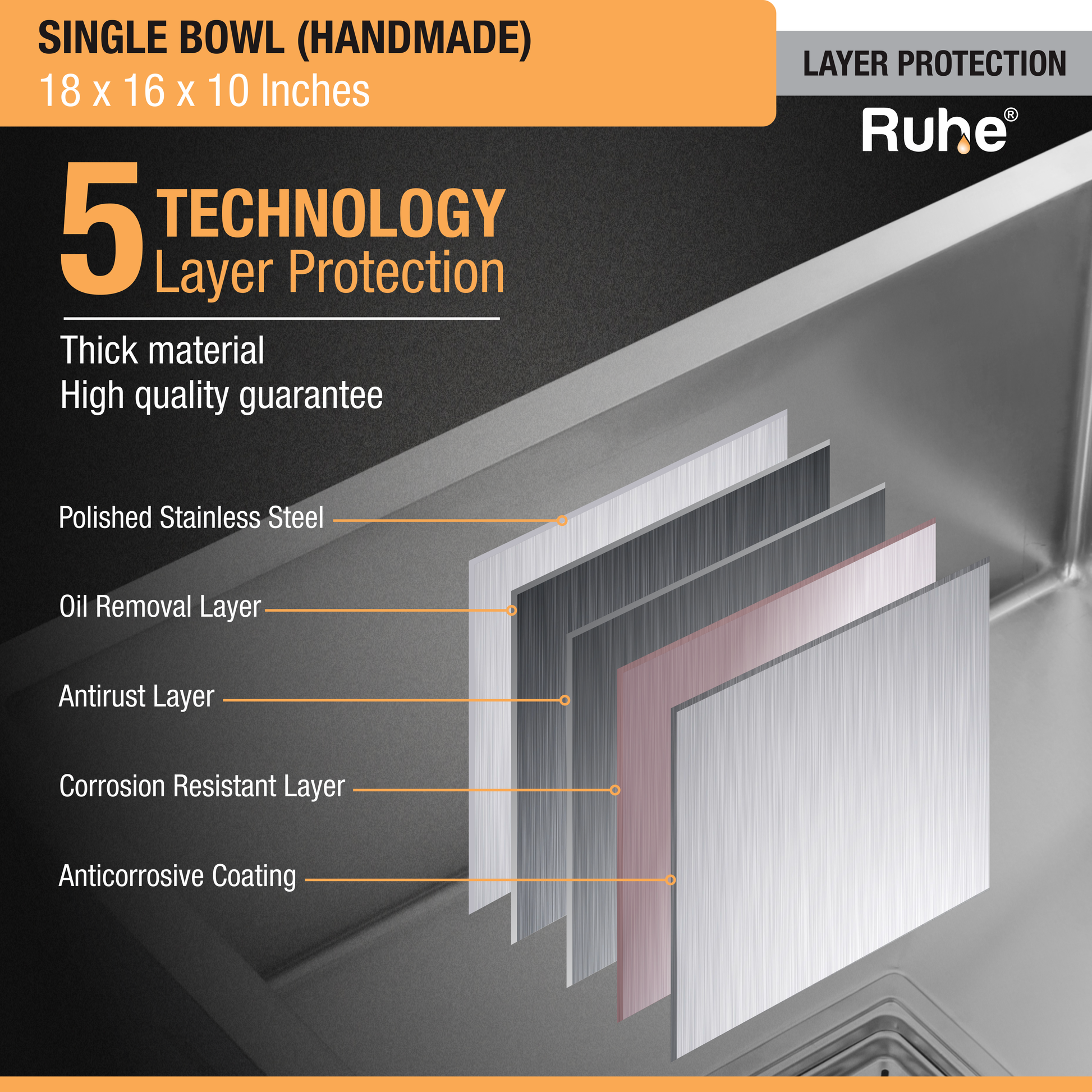 Handmade Single Bowl Kitchen Sink (18 x 16 x 10 Inches) layer protection