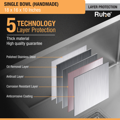 Handmade Single Bowl Kitchen Sink (18 x 16 x 10 Inches) layer protection